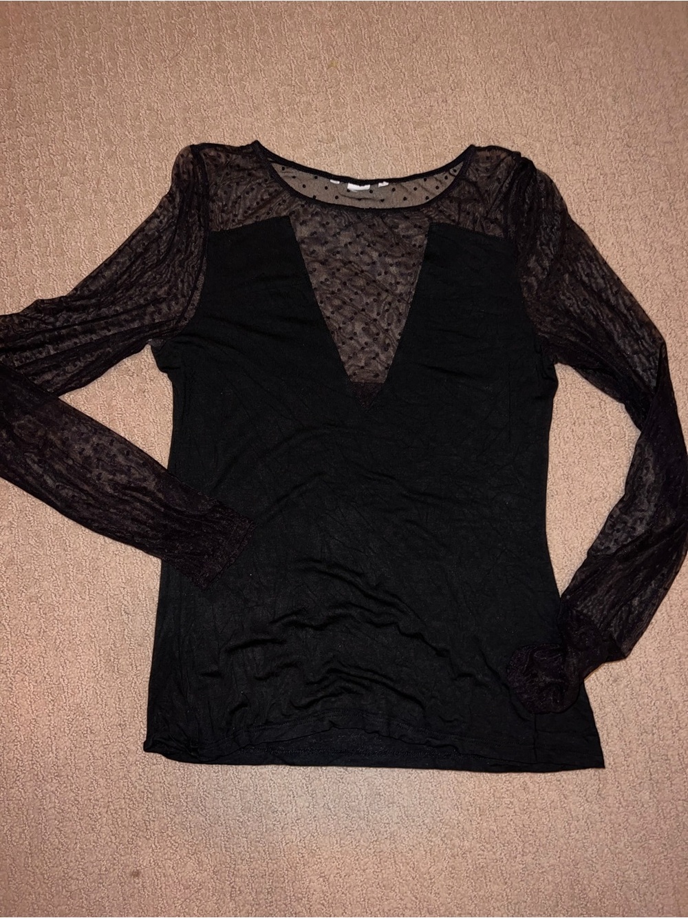 Black Sheer Lace Panel Long-Sleeve Women's Top